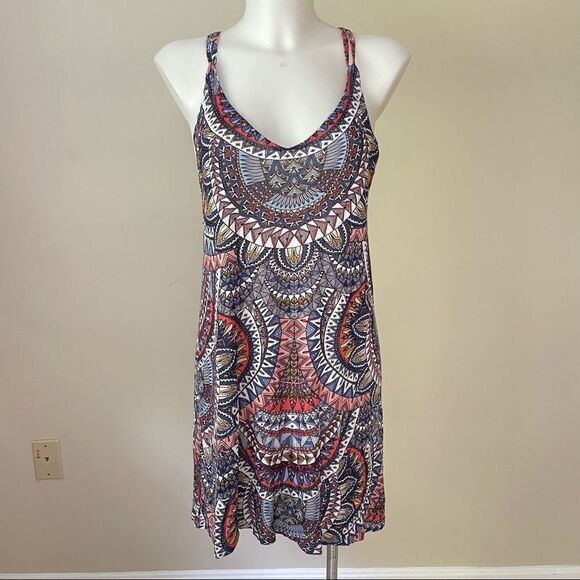 BILLABONG IKAT AZTEC HALTER SLIP-ON DRESS PLUNGE SCOOP‎ NECK, TIE BACK sz SP - Picture 1 of 9